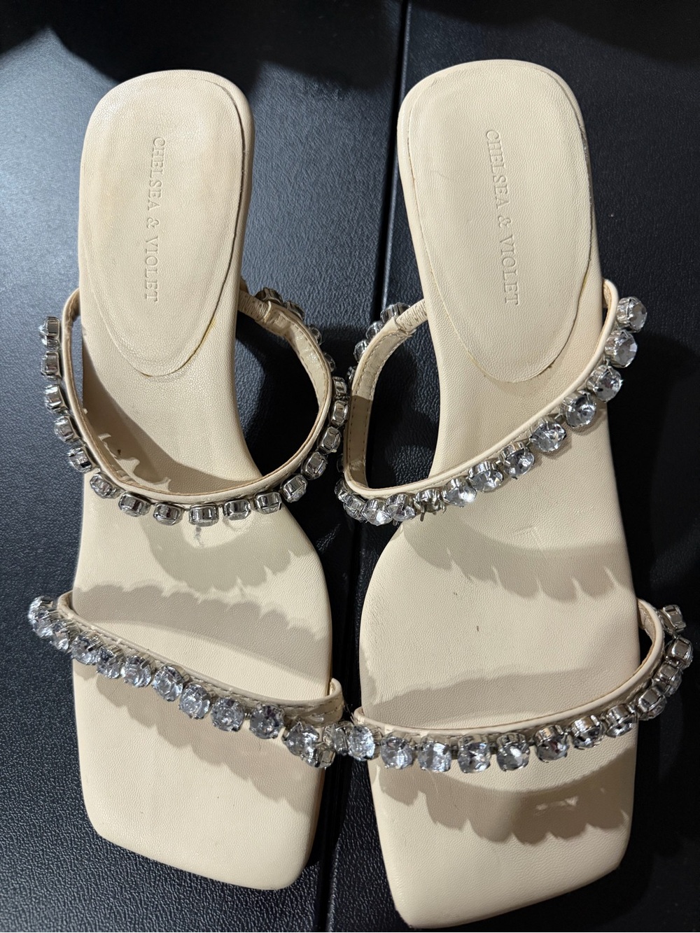 Chelsea & Violet Cream Jeweled Double-Strap Slide Sandals